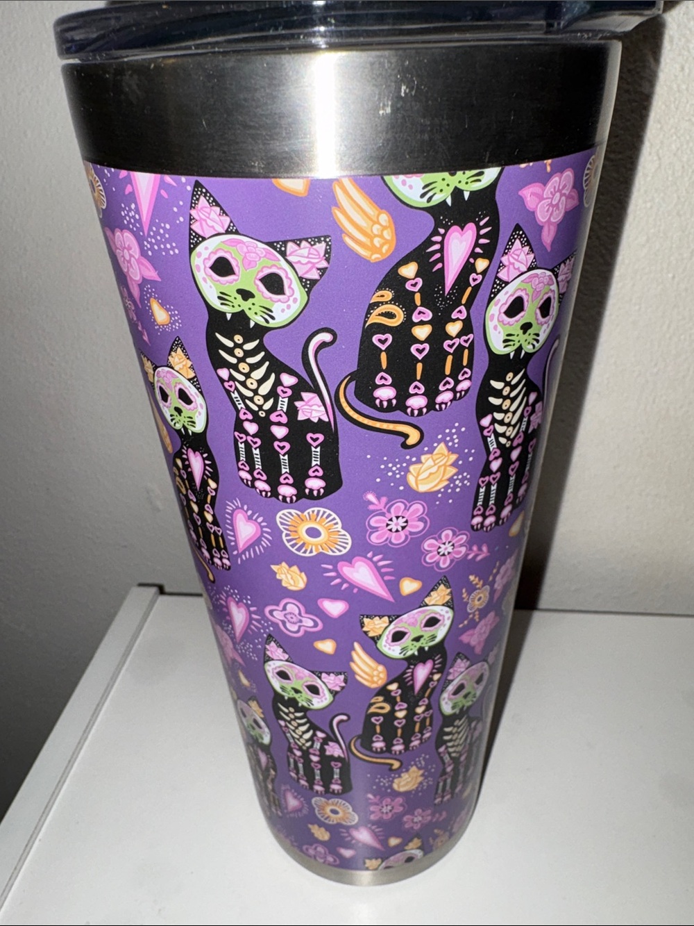 Purple Cat Day of the Dead Travel Tumbler